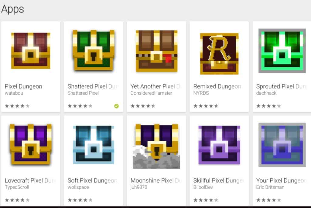 Google Play Pixel Dungeon examples. There are ten variants of the game visible!