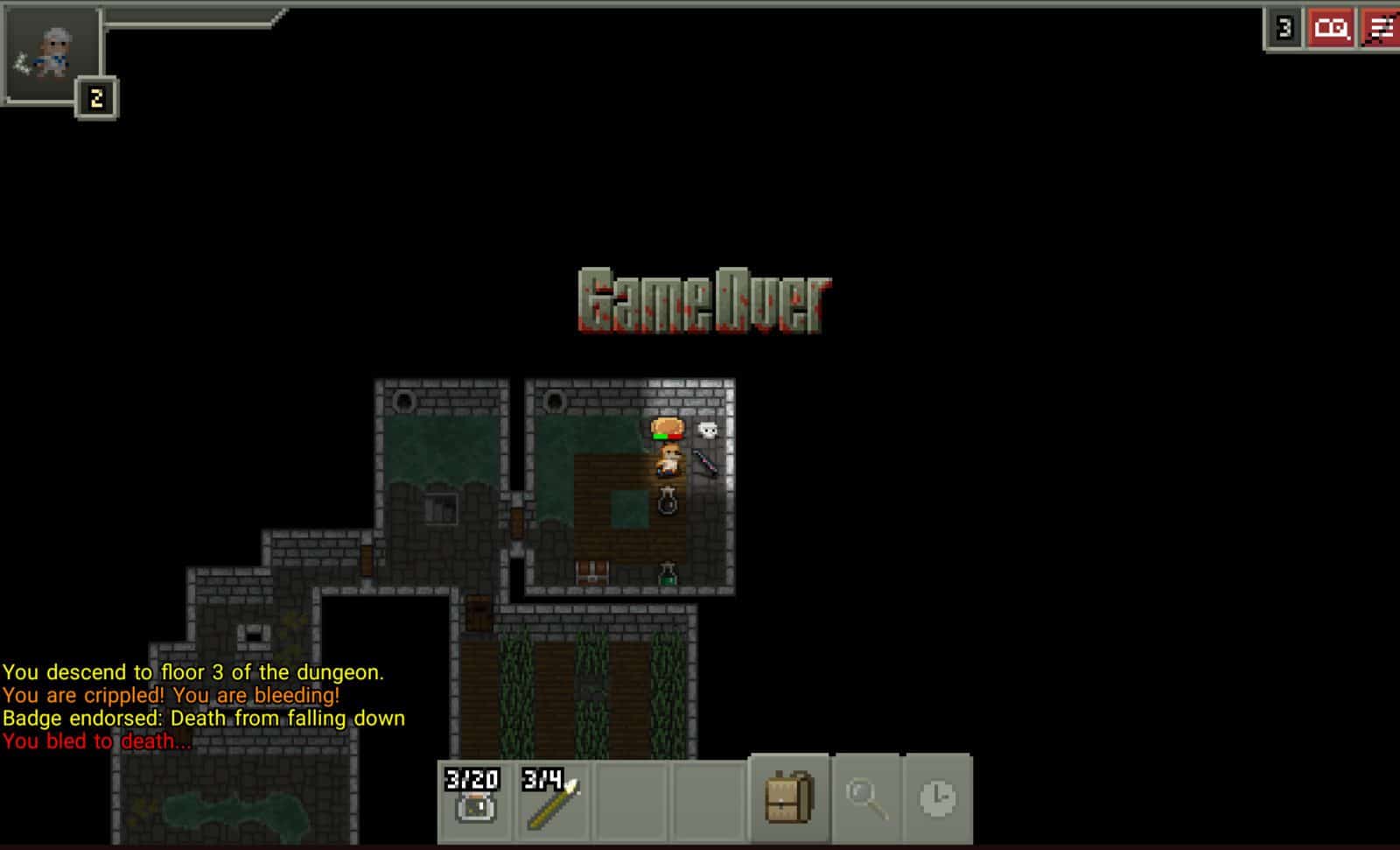 I died in Shattered Pixel Dungeon when I accidentally jumped down to the next floor.