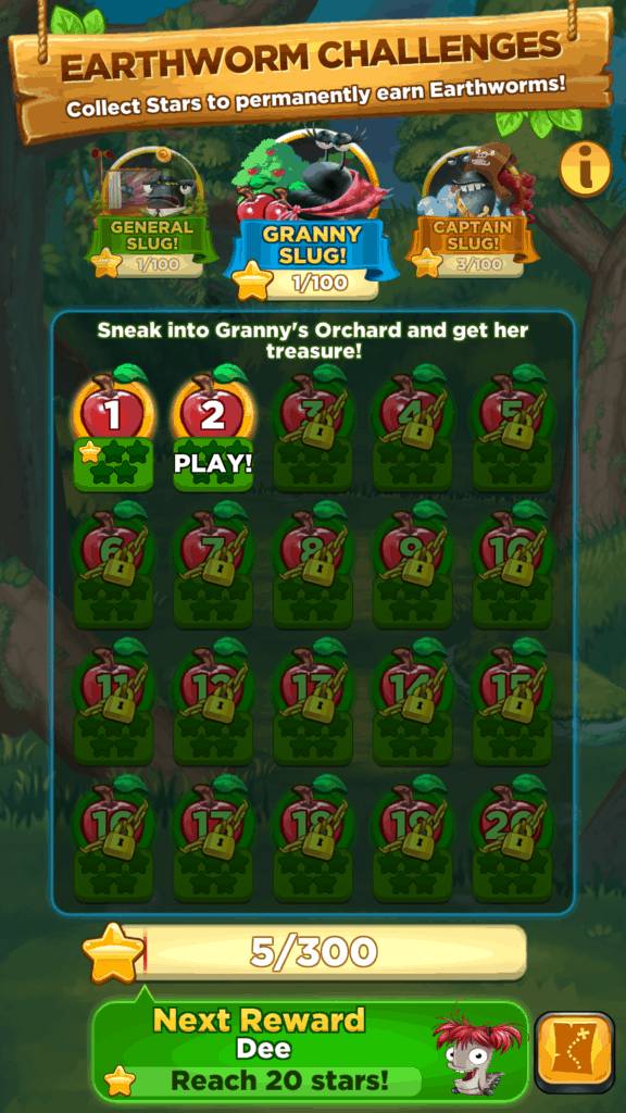 One of the Earthworm Challenges in Best Fiends. Sneak into Granny's orchard and get her treasure!