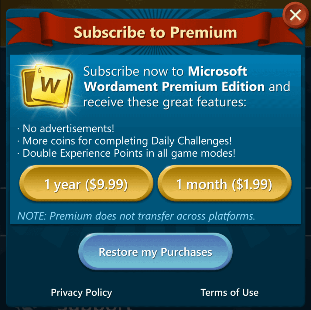 THe Wordamanet Premium membership details. It costs $10 per year.