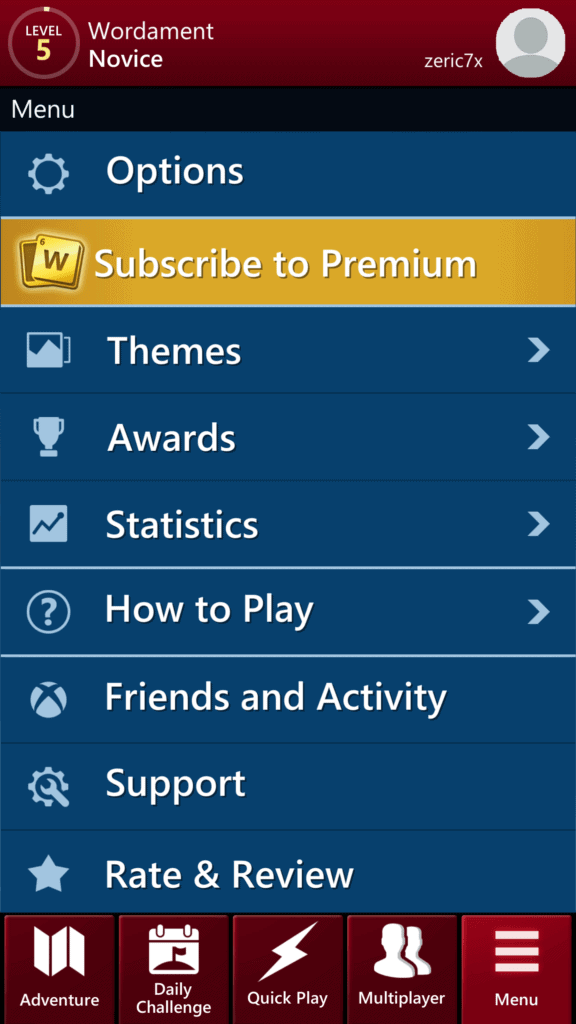 The Wordamenet menu options. Subscribe to premium is golden.