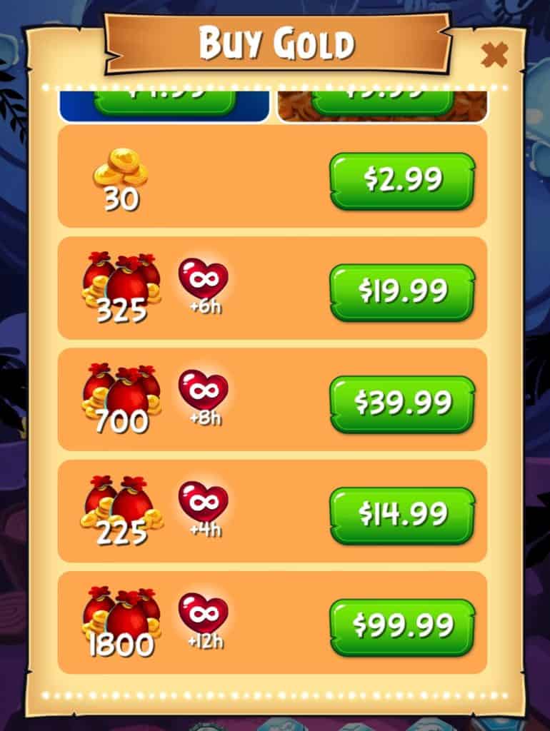 The Angry Birds Pop gold store. There are multiple purchase options.