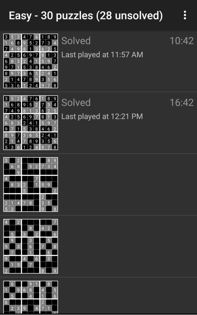 A menu of easy Open Sudoku levels.