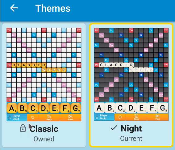 The classic and night themes. Boards with words are visible.