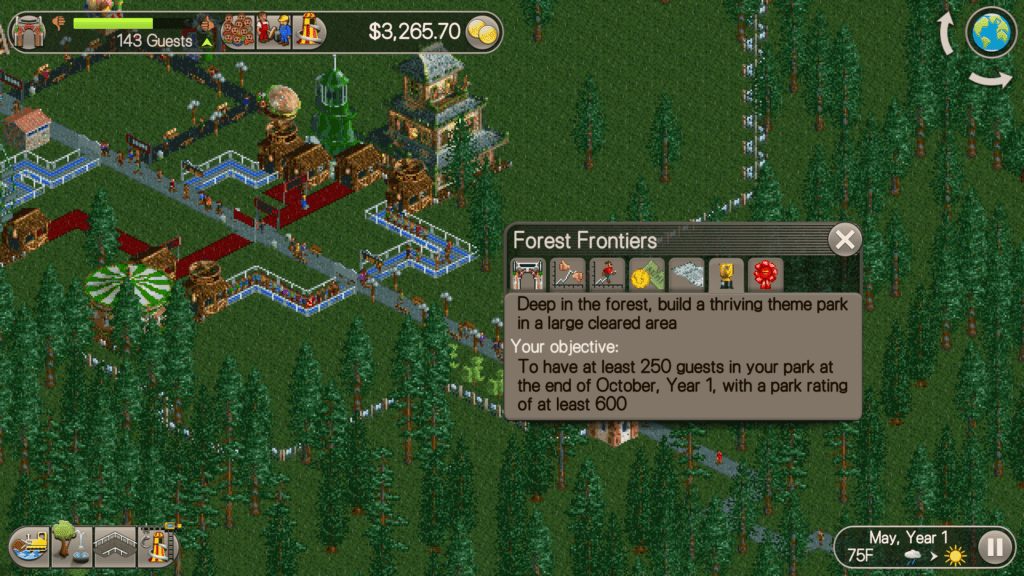 The Forest Frontiers level goal. To have at least 250 guest your par at the end of October, Year 1, with a park rating of at least 600.