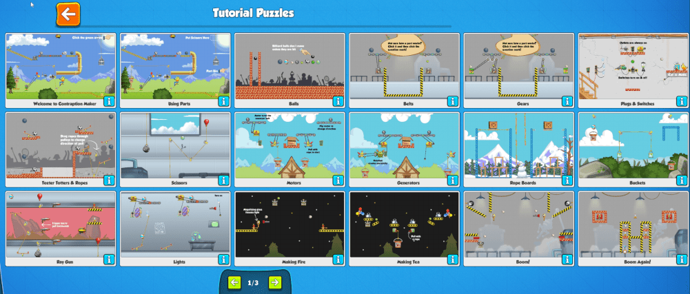 The Contraption Maker level select screen.