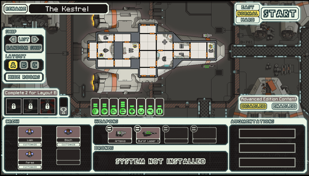 The FTL ship screen. The Kestrel is shown.
