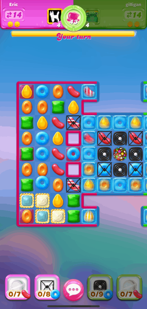A Candy Crush Jelly Saga Royal Championship level. I am playing against another player.