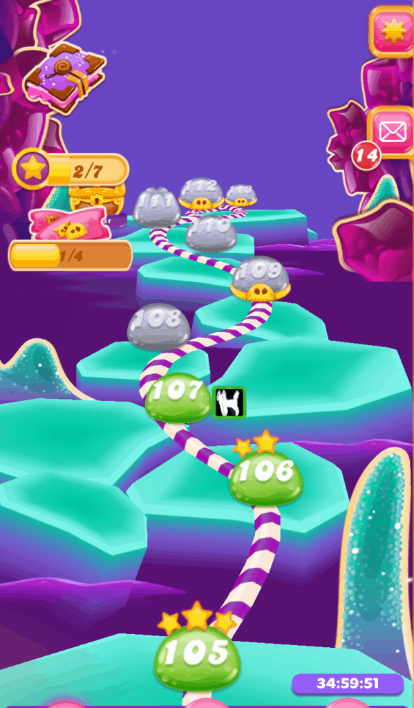 The Candy Crush Jelly Saga world map. Many levels are visible.