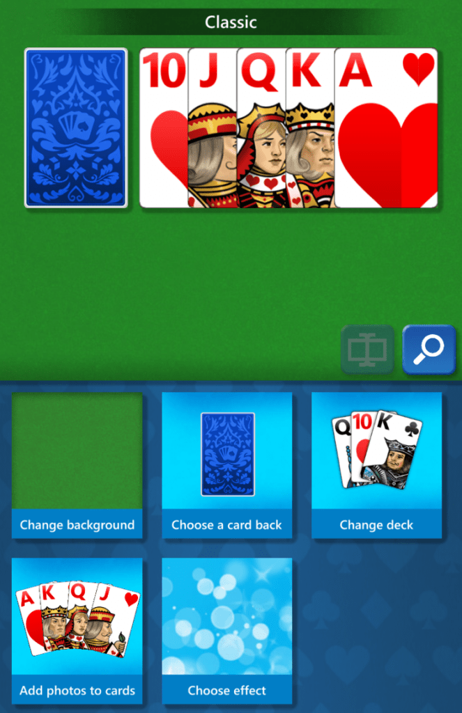 The Microsoft Solitaire Collection deck customization screen.