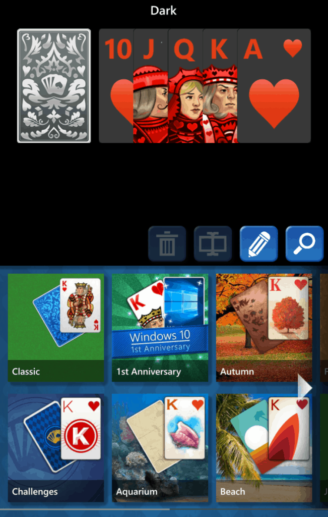 The Microsoft Solitaire Collection deck options. There are many deck themes.