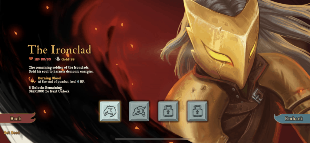 Slay the Spire character selection screen. The ironclad is choosen.