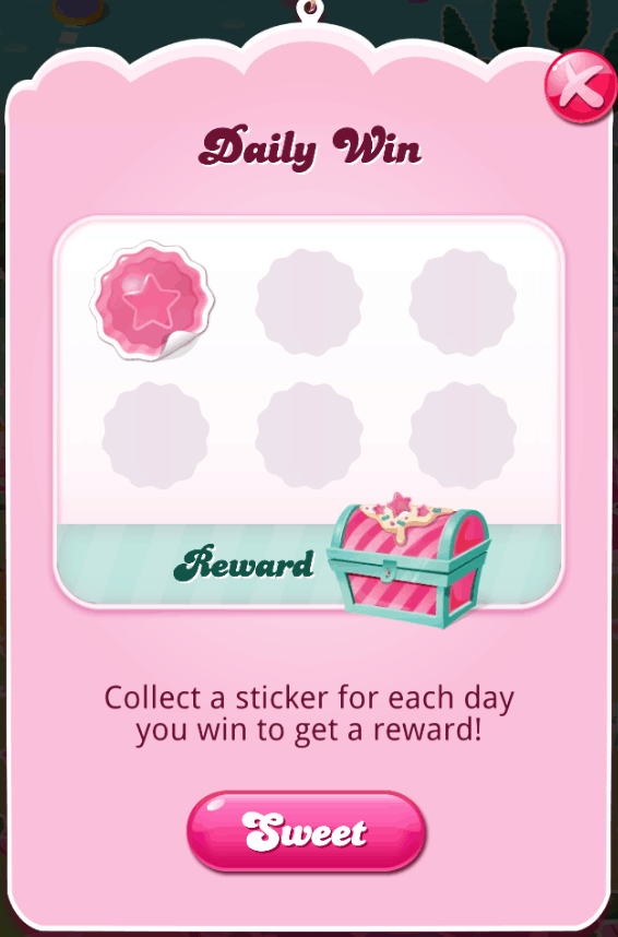 A picture of a daily win chest from Candy Crush Saga with one pink mark stamped.