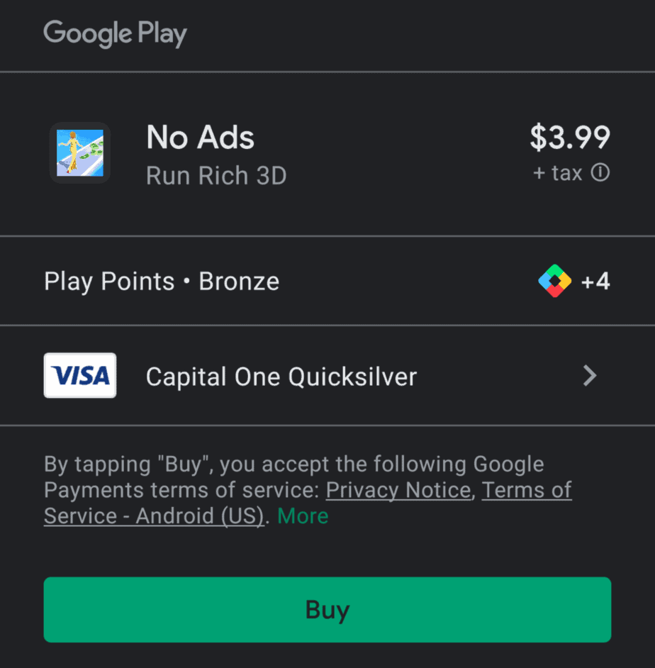 The price to remove ads in Run Rich 3D.