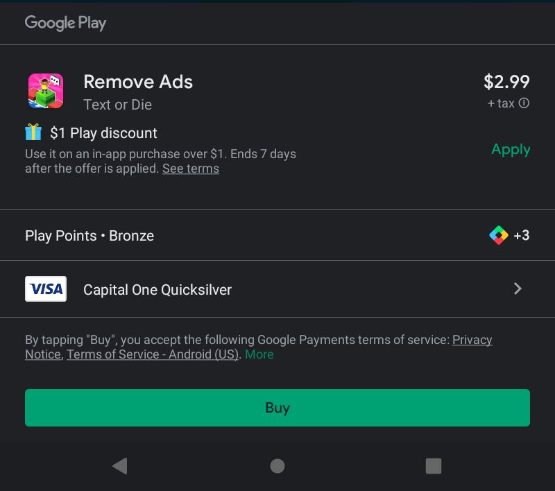 The cost to remove ads in Text or Die is $3 (USD).
