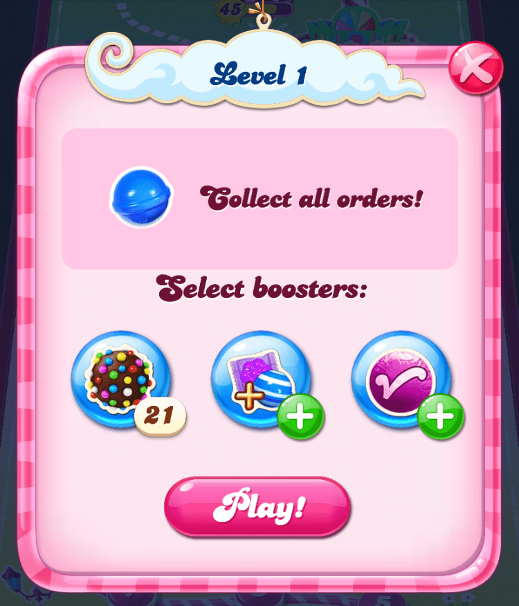 Candy Crush Saga level 1 start screen.