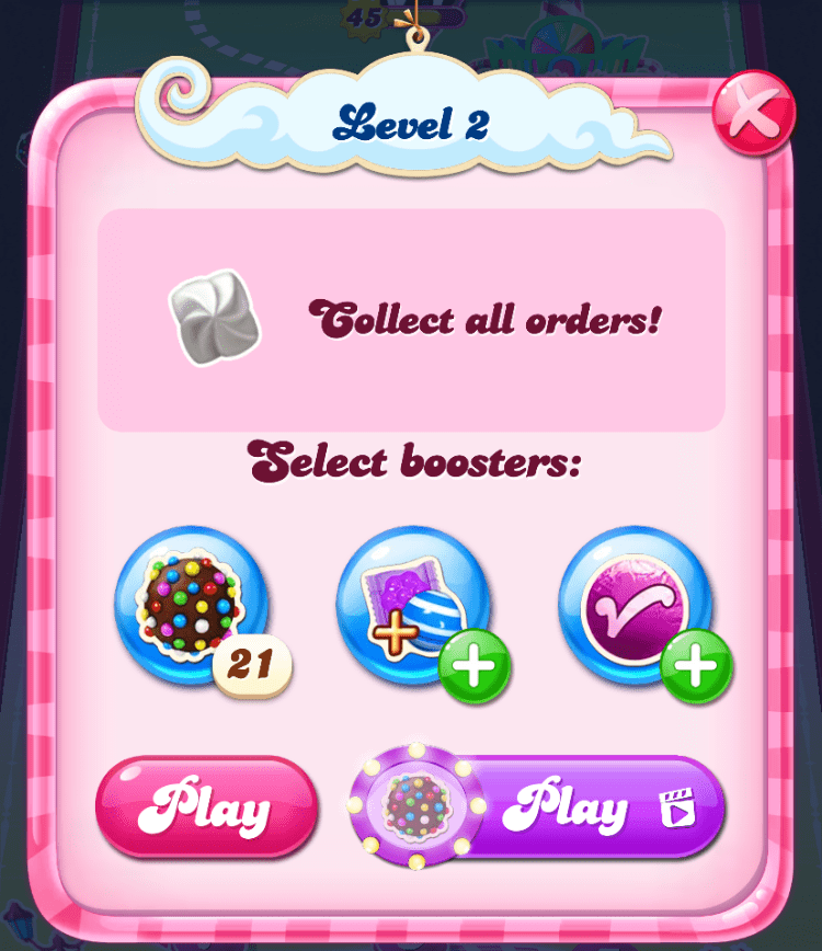 Candy Crush Saga level 2 start screen.