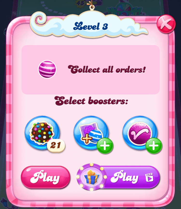 Candy Crush Saga level 3 start screen.