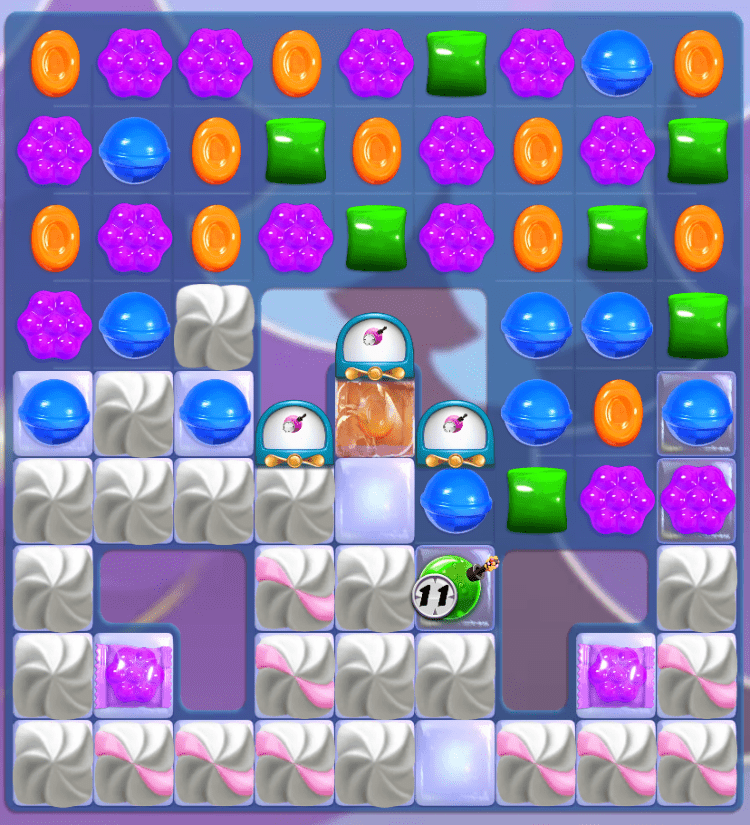A Candy Crush Saga jelly level with a green bomb that explodes in 11 moves.
