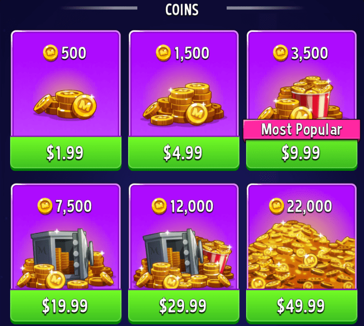 The cost to buy coins in Match Masters.