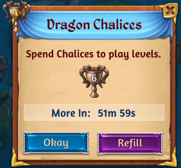 You have to wait over 50 minuts to get more dragon chalices in Merge Dragons.