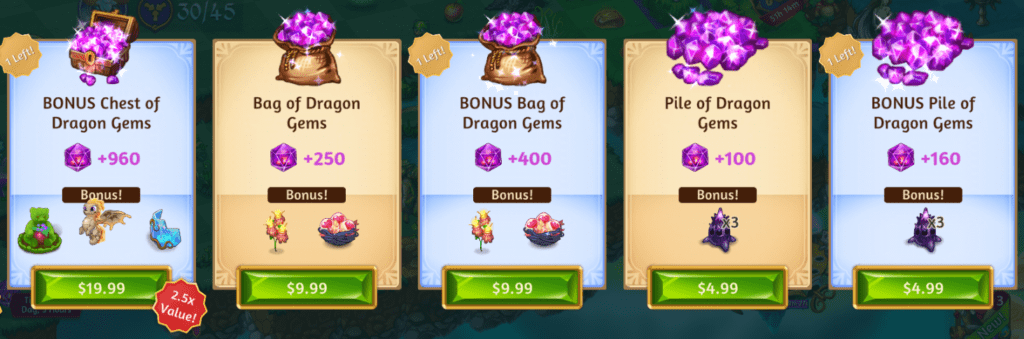 The prices of gems in Merge Dragons.