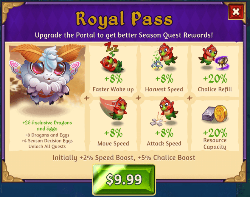 It costs $10 (USD) to buy a royal pass in Merge Dragons.