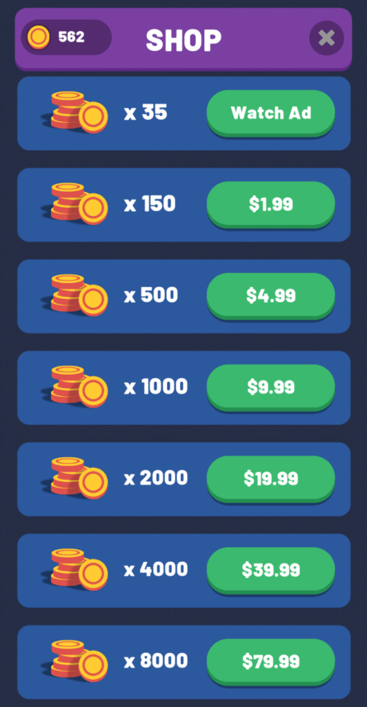 This screen shows how much money it costs to buy coins in Match Ball 3D.