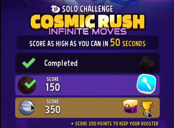 I got two stars in a solo cosmic rush challenge. I scored at least 150 points.