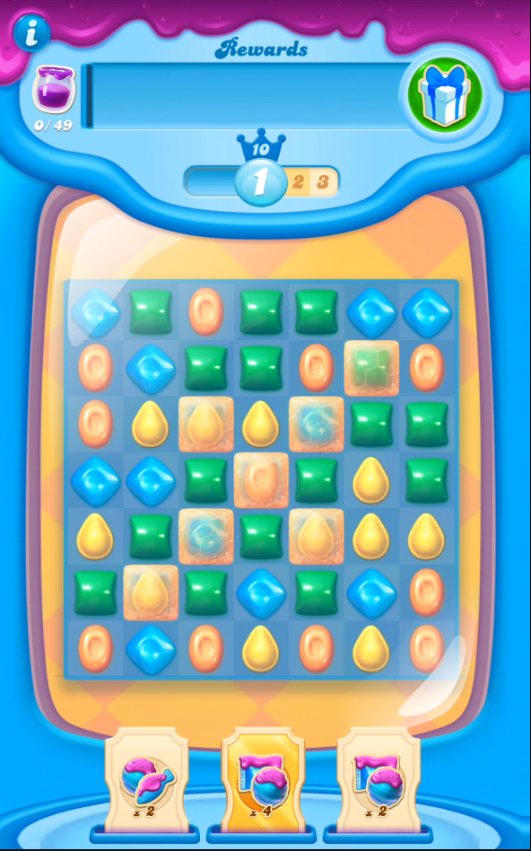 An example Candy Crush Soda Saga Kimmy's Arcade level. There are many candy pieces and honey blockers visible.