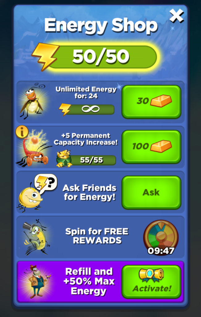 You can spend gold to get unlimited energy or to ad on extra maximum energy.