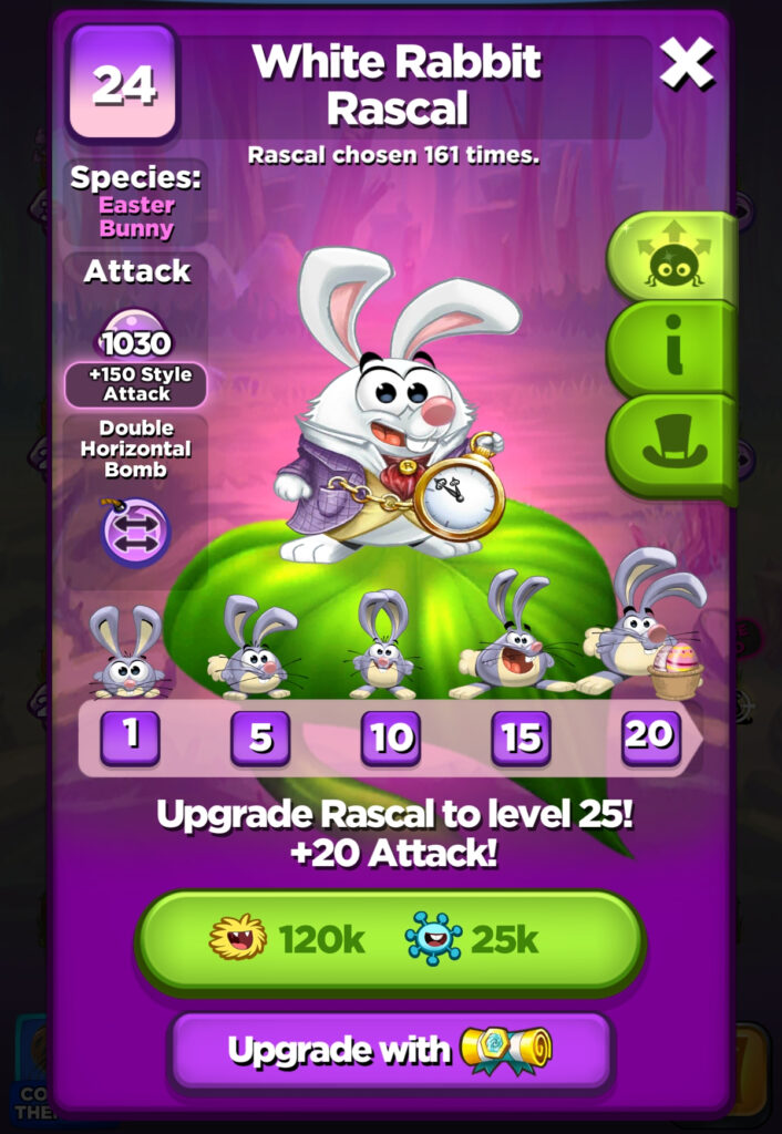 Rascal had a purple double horizontal bomb.