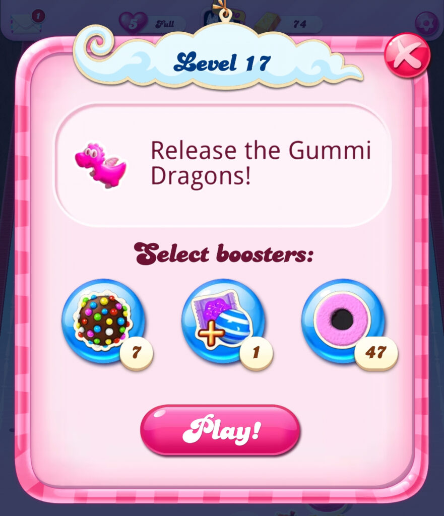 The level select screen for a Candy Crush Saga gumi dragon level.