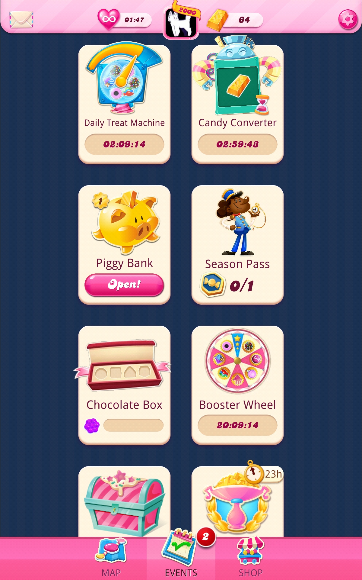 There are multiple events on the Candy Crush Saga event screen.