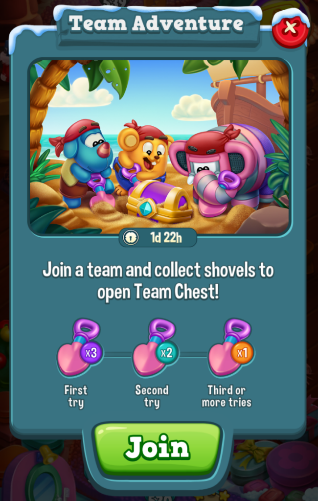 There are multiple team events in Toy Blast. This one is called team adventure, and it requires getting shovels when beating new levels.